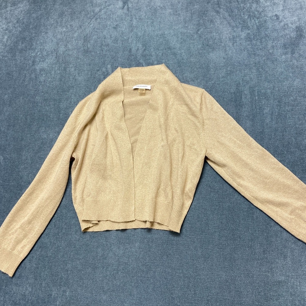 Calvin Klein Cardigan Sweater Womens‎ Small Beige Shimmer V Neck Open Front